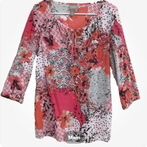 Chico's Women Size 1 = Size 8 Blouse Peasant Top Lightweight Coral Ivory Brown